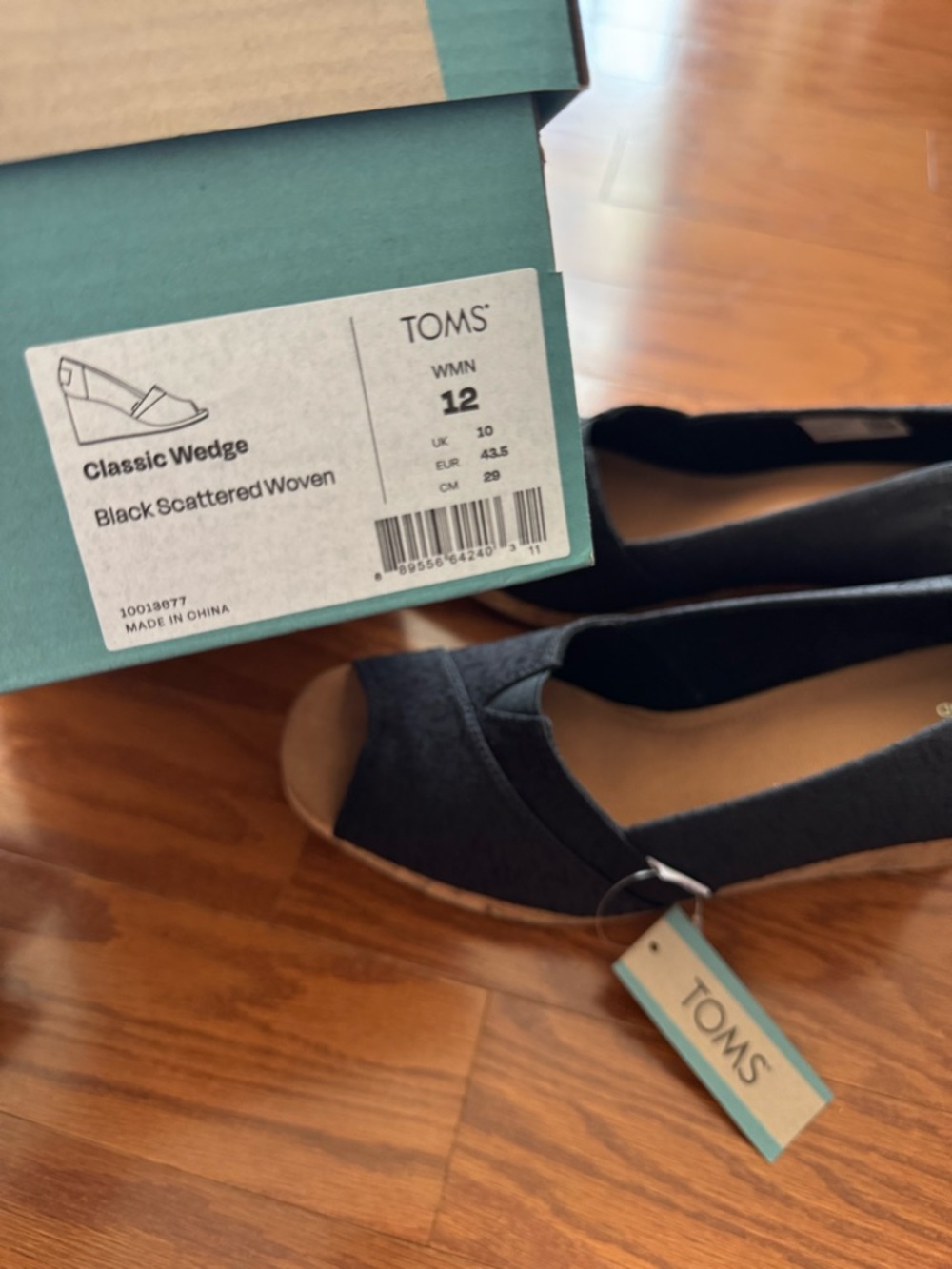 TOMS Black Cork Wedge Peep-Toe Espadrilles NWT and box - Picture 2 of 8